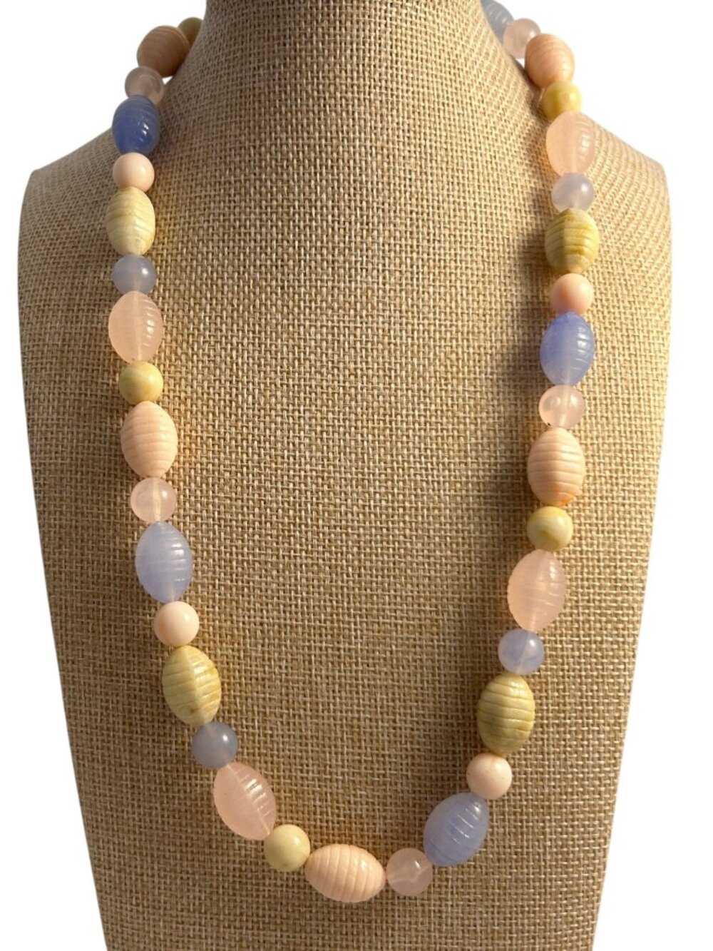 Pastel Pink Blue Green Ribbed Oval Beaded Necklace Long Chunky Statement Jewelry